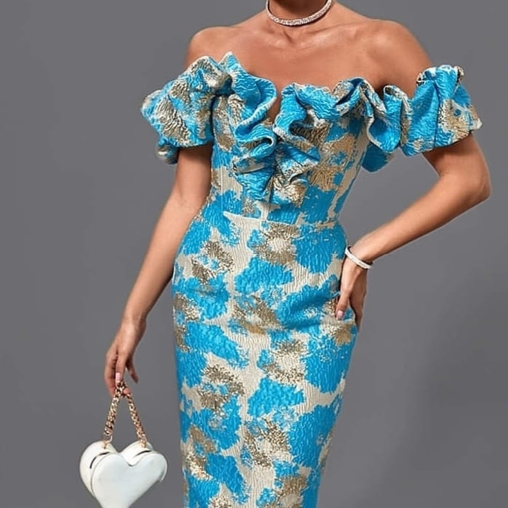 Blue and Gold Ruffled Bustier Cocktail Dress